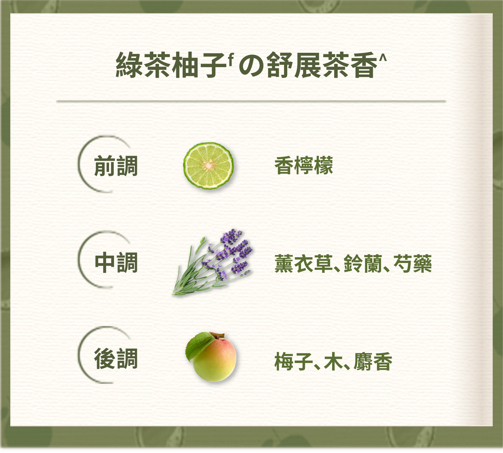 綠茶柚子 清爽保濕、前調(香檸檬)、中調(薰衣草、鈴蘭、芍藥)、後調(梅子、木、麝香)