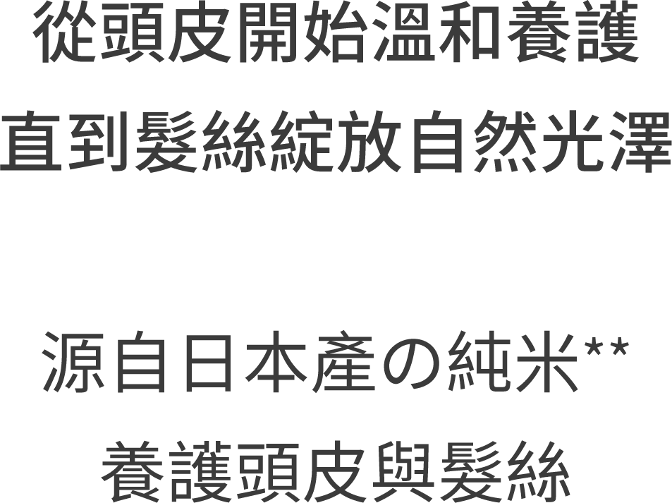 從頭皮開始溫和養護 直到髮絲綻放自然光澤 源自日本產の純米** 養護頭皮與髮絲